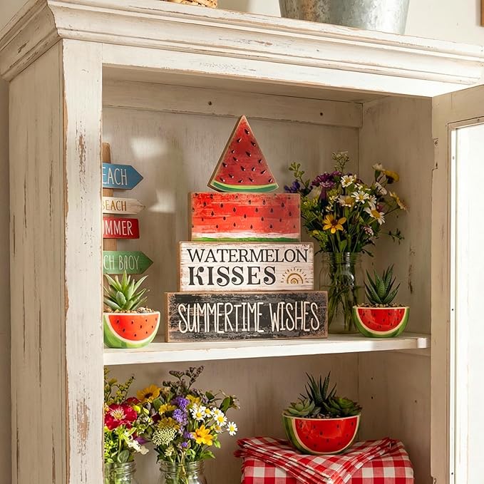 4 Pcs Summer Table Decor Wooden Watermelon Tiered Tray Decor Rustic Farmhouse Watermelon Block Signs Gifts Summer Tabletop Centerpieces for Home Kitchen Coffee Bar Decorations