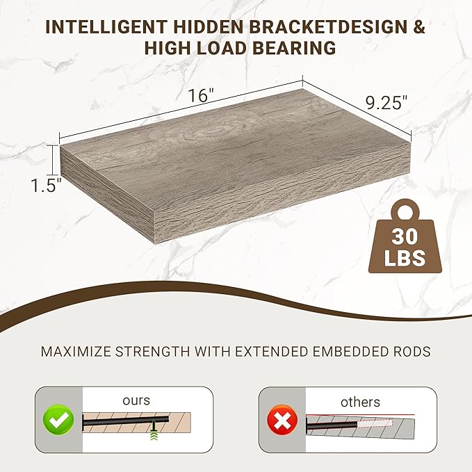 16 Inch Floating Shelves, 3D Textured Wood Grain, 16