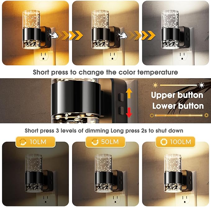 L LOHAS LED Night Lights Plug into Wall 2 Pack, Dimmable Night Light with Dusk-to-Dawn Sensor, Cool White/Soft White/Amber 3 Color Light, Adjustable Brightness, Bubble Nightlight with Rotatable Plug