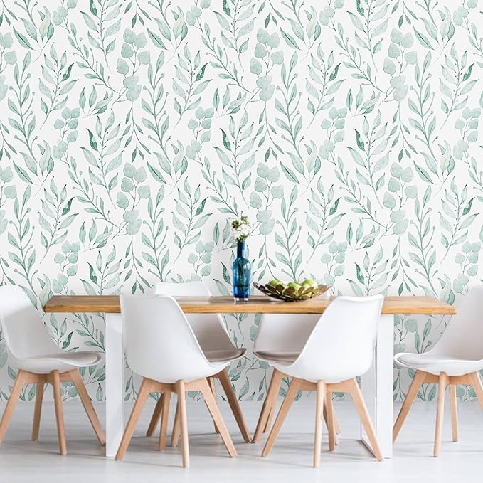 WENMER Green Leaf Wallpaper Floral Peel and Stick Wallpaper 17.7" x 197" Self Adhesive Watercolor Leaves Wall Paper Removable Floral Contact Paper for Cabinets Wall Decor