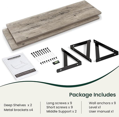 Floating Shelves, 12 Inch Deep Rustic Wood Wall Storage, 48W x 12D Wall Shelves Set of 2, Heavy Duty Metal Brackets, Large Industrial Book Shelf for Living Room, Kitchen, Bedroom, Grey