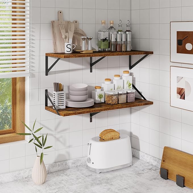 Floating Shelf for Wall,32" WX10 D Wood Floating Shelves with Sturdy Metal Bracket Set of 2,Wall Mounted Hanging Shelf for Bathroom,Bedroom,Kitchen,Rustic Brown