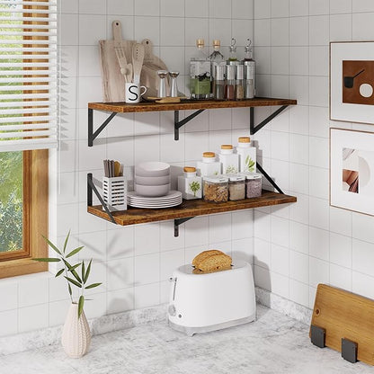Floating Shelf for Wall,32" WX10 D Wood Floating Shelves with Sturdy Metal Bracket Set of 2,Wall Mounted Hanging Shelf for Bathroom,Bedroom,Kitchen,Rustic Brown