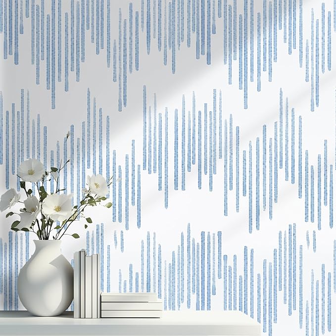 WENMER Blue Striped Wallpaper, Geometric Peel and Stick Wallpaper, 17.7''×118'' Blue and White Contact Paper, Self Adhesive Removable Wall Paper for Bathroom Cabinets Kitchen
