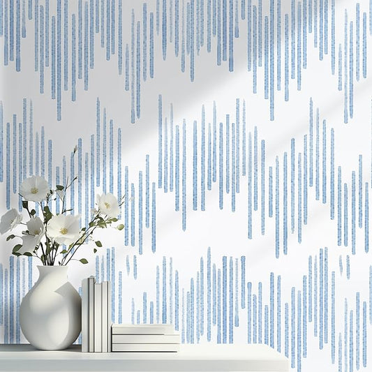 WENMER Blue Striped Wallpaper, Geometric Peel and Stick Wallpaper, 17.7''×118'' Blue and White Contact Paper, Self Adhesive Removable Wall Paper for Bathroom Cabinets Kitchen