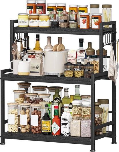 23.6"W Large Kitchen Countertop Organizer, 3 Tier Spice Rack Organizer with Adjustable Shelf and 10 Hooks, Wooden Counter Organizer, Countertop Shelf Microwave Stand for Kitchen, Coffee Bar, Black