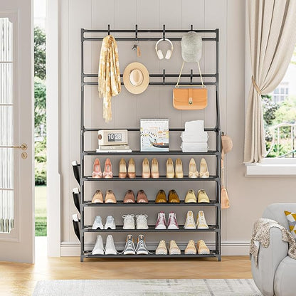 OYREL Shoe Rack 5 Tier Shoe Racks Organizer 20-25 Pairs Shoes Rack for Closet Entrance Shoe Storage Organizer with Hooks and Side Pocket Entryway Shoe Holder Space Saving Free Standing Shoe Racks