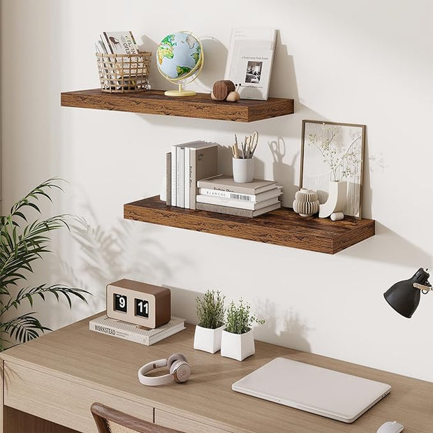 Fun Memories Floating Shelves for Wall, 30 Inch Long Floating Shelves Set of 2, 30 x 10 Wooden Shelves for Wall, Large Storage Shelves, Hanging Shelves for Bathroom Kitchen Bedroom, Rustic Brown