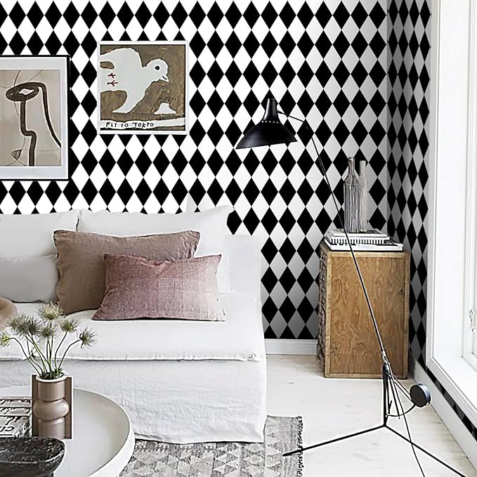 Black and White Peel and Stick Wallpaper Diamond Wallpaper Rhombus Contact Paper 17.3