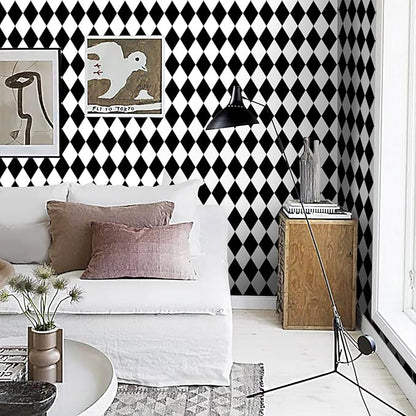 Black and White Peel and Stick Wallpaper Diamond Wallpaper Rhombus Contact Paper 17.3"x120" Lattice Self Adhesive Waterproof Vinyl Roll for Bathroom Kitchen Backsplash Cabinets