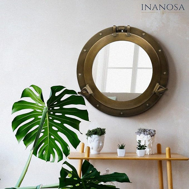 10 Inch Antique Brass Porthole Mirror – Boat Frame Port Hole Decor, Vintage Nautical Ship Mirror for Coastal Wall & Antique Decor