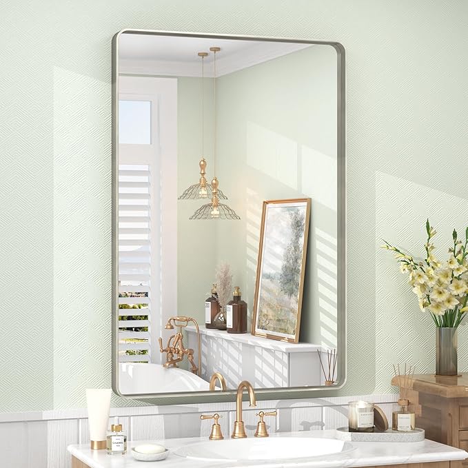 24x36 Inch Brushed Nickel Bathroom Mirror, Brushed Silver Metal Framed Wall Mirror, Rounded Corner Rectangle Vanity Mirror, Tempered Glass, Anti-Rust, Shatterproof (Horizontal/Vertical)
