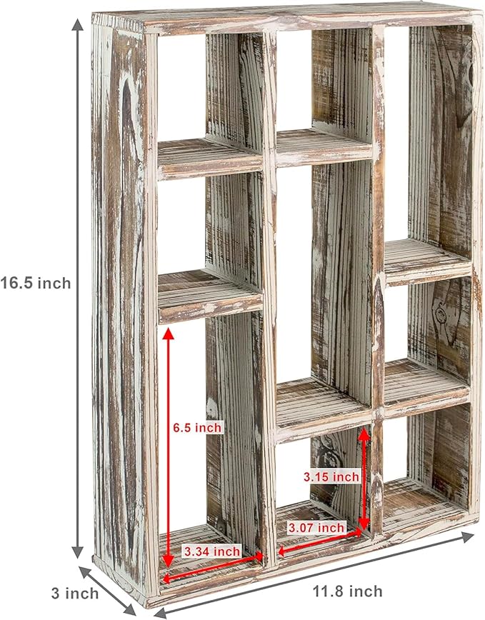 MyGift 9 Compartment Rustic Torched Solid Wood Shadow Box, Wall Mountable Curio Display Case, Freestanding or Floating Shelf for Collectible Figurines, Succulents