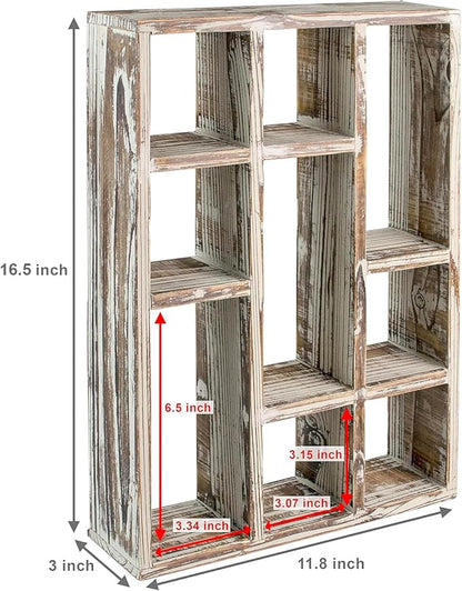 MyGift 9 Compartment Rustic Torched Solid Wood Shadow Box, Wall Mountable Curio Display Case, Freestanding or Floating Shelf for Collectible Figurines, Succulents