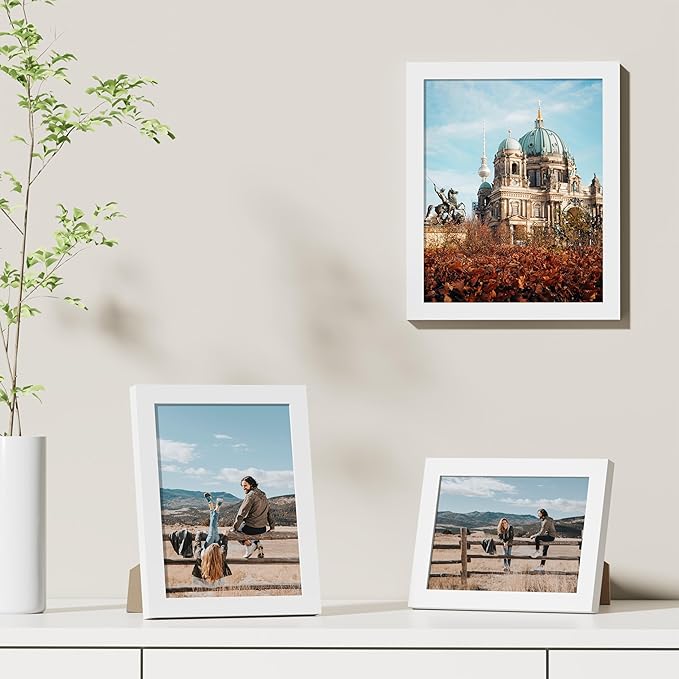 Vittanly 8x10 Picture Frames Set of 9, Shatter Resistant Plexiglass, Display 5x7 Pictures with Mat or 8x10 without Mat, Photo Frames for Wall or Tabletop, Engineered Wood, White