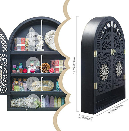 Large Crystal Display Shelf for Wall, Crescent Moon Phase Shelf Wall Decor, Wooden Arch Shelf, Tree of Life Crystal Holder Organizer, Cabinet for Gem Stone Rock, Spiritual Home Room Decor