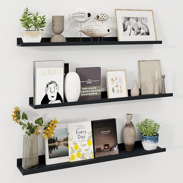 Axeman 40 Inch Floating Shelves | Black Picture Ledge Shelf Set of 3 | Rustic Wood Wall Shelves with Lip | 40" Black Picture Shelf for Wall with Ledge | Photo Shelves