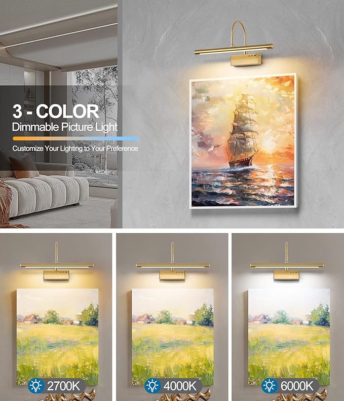 Picture Light for Wall with Remote,Brass Rechargeable Art Light,Wireless Battery Operated Wall Sconce, 3 Color Modes,16" Painting Light Over Picture Frame,Artwork,Photos,Gallery