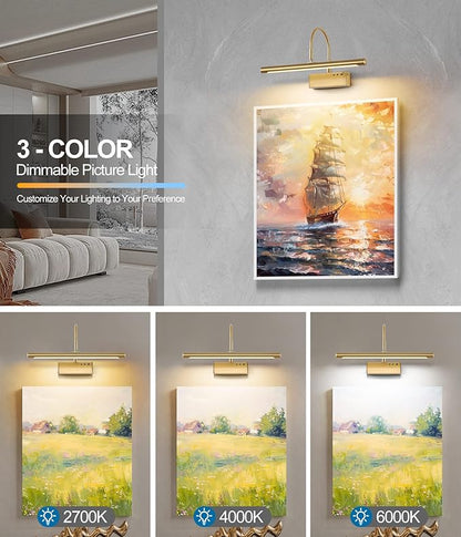 Picture Light for Wall with Remote,Brass Rechargeable Art Light,Wireless Battery Operated Wall Sconce, 3 Color Modes,16" Painting Light Over Picture Frame,Artwork,Photos,Gallery
