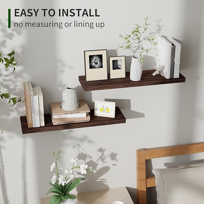 Marsmiles Wood Floating Shelves for Wall Set of 2, 24 Inch Wide Rustic Wooden Floating Shelves, Invisible Wall Mounted Display for Living Room Bedroom Kitchen Bathroom Office, Weathered