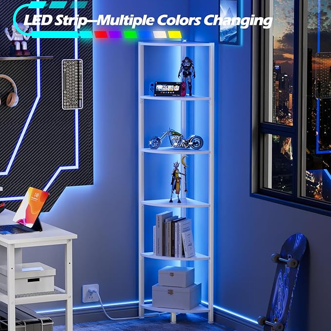 Furnulem 6 Tier Corner Shelf with LED Light, 67.5” Tall Standing Shelf Organizer, White Narrow Bookshelf with Storage Rack for Wall Corner, Living Room, Bedroom, Metal Frame, Wood Display Shelf