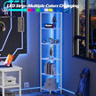 Furnulem 6 Tier Corner Shelf with LED Light, 67.5” Tall Standing Shelf Organizer, White Narrow Bookshelf with Storage Rack for Wall Corner, Living Room, Bedroom, Metal Frame, Wood Display Shelf