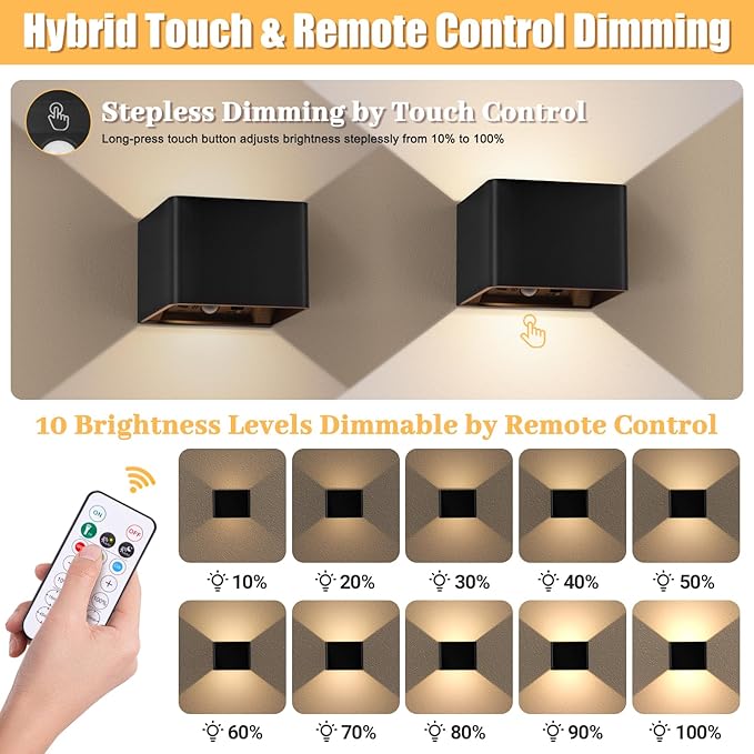 Yochoice Motion Sensor Wall Sconces with Remote Control, 6000mAh Black Wireless Touch Control Rechargeable Lamps with 3 Color Temperatures, LED Up Down Battery Operated Wall Lights Indoor, 2-Pack