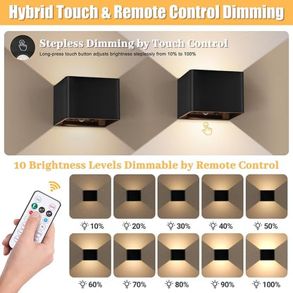 Yochoice Motion Sensor Wall Sconces with Remote Control, 6000mAh Black Wireless Touch Control Rechargeable Lamps with 3 Color Temperatures, LED Up Down Battery Operated Wall Lights Indoor, 2-Pack