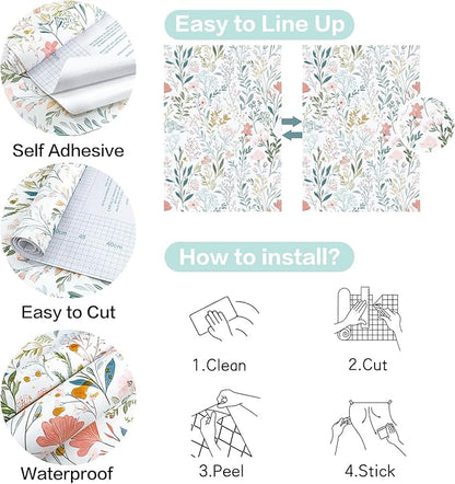 Floral Peel and Stick Wallpaper Boho Floral Contact Paper 16.9" x 196.8" Modern Wildflower Self Adhesive Wallpaper for Bathroom Flower Decorative Removable Wall Paper for Bedroom Cabinets