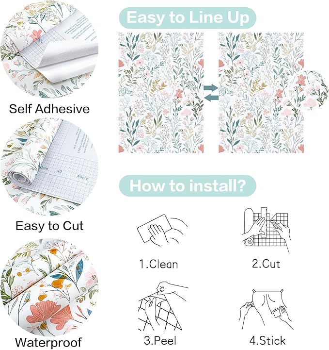Floral Peel and Stick Wallpaper Boho Floral Contact Paper 16.9" x 118.1" Modern Wildflower Self Adhesive Wallpaper for Bathroom Flower Decorative Removable Wall Paper for Bedroom Cabinets