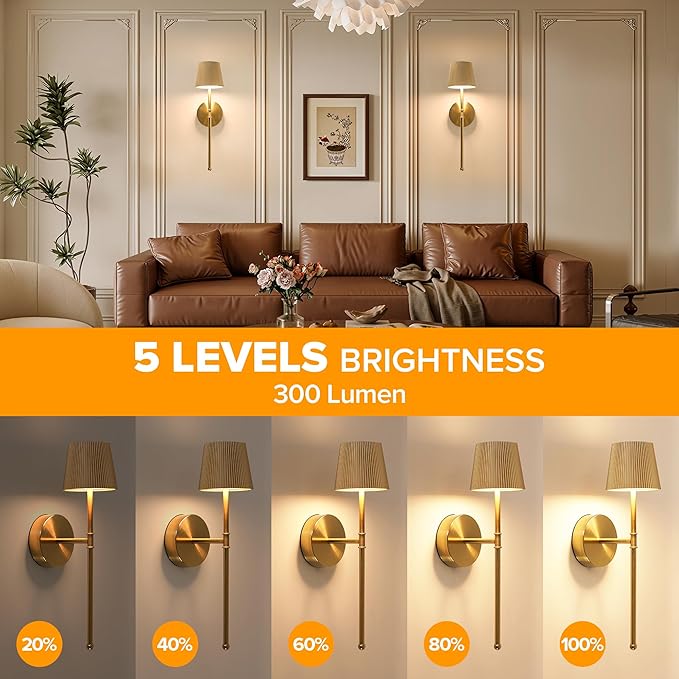 LUTEC Cordless Wall Sconces Set of 2, 5200mAh Wireless Rechargeable Battery Operated LED Wall Lamps, 3 Color Stepless Dimming Portables Lightings for Wall Painting/Living Room/Bedroom/Hallway Decor
