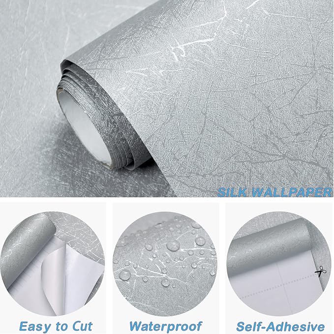 Cohoo Home Gray Peel and Stick Wallpaper Grey Silk Contact Paper for Cabinets and Drawers Silver Textured Self Adhesive Removable Wallpaper Bathroom Bedroom Waterproof Wall Covering 15.7inL 197inW
