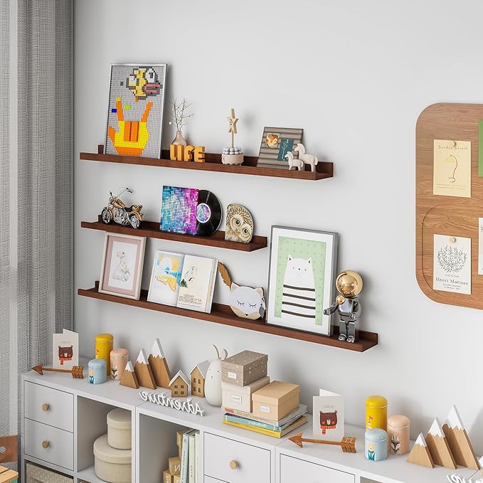 Picture Ledge Wall Shelves 24 inch Width Set of 2, Solid Pine Wood Rustic Floating Ledge Shelves for Wall for Kids' Room Bedroom Kitchen Bathroom Living Room Nursery Display Wall Decor, Walnut