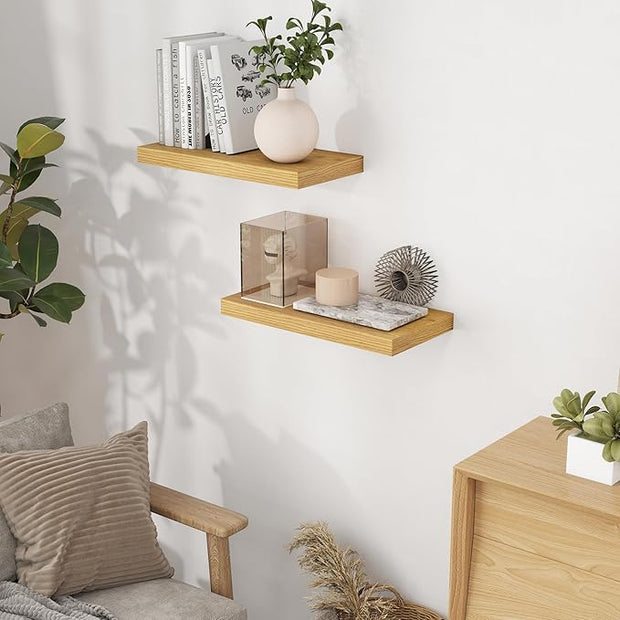 Fun Memories 16 Inch Long Floating Shelves, 9.3 Inch Deep Floating Shelf for Wall, Living Room, Kitchen, Rustic Deep Wood Shelves for Bathroom, 2 Pack Storage Display Shelf for Books, Decor, Oak
