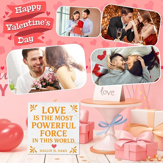 Valentines Desk Decor, Valentine's Day Home Office Table Sign for Wife Daughter from Dad Husband, Valentine Gifts Decorations for Porch Tiered Tray Shelf Party, Love Is The Most Powerful Force