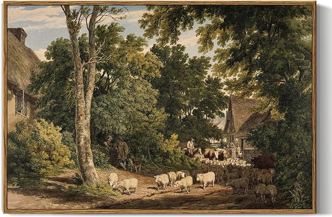 InSimSea Framed Canvas Wall Art Vintage Decor, Room Decor Classical Countryside Landscape Farmhouse Watercolor Painting Large Wall Art for Living Room Badroom Bathroom, 16