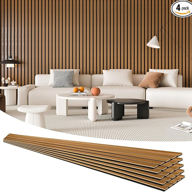 Art3d 4 Pieces 94.5" x 7.9" Acoustic Slat Wood Wall and Ceiling Panels,Fluted Modern Sound Absorbing Panels, Teak