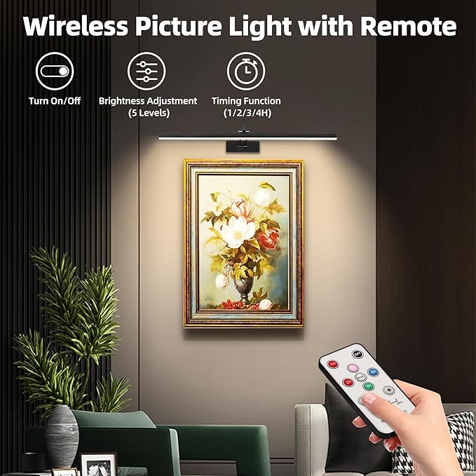 4 Pack Picture Lights for Wall, 23in Art Lighting for Paintings Cordless, 6400mAh Rechargeable Battery Operated Picture Light with Remote Dimmable and Timer for Artwork, Gallery, Display, Black