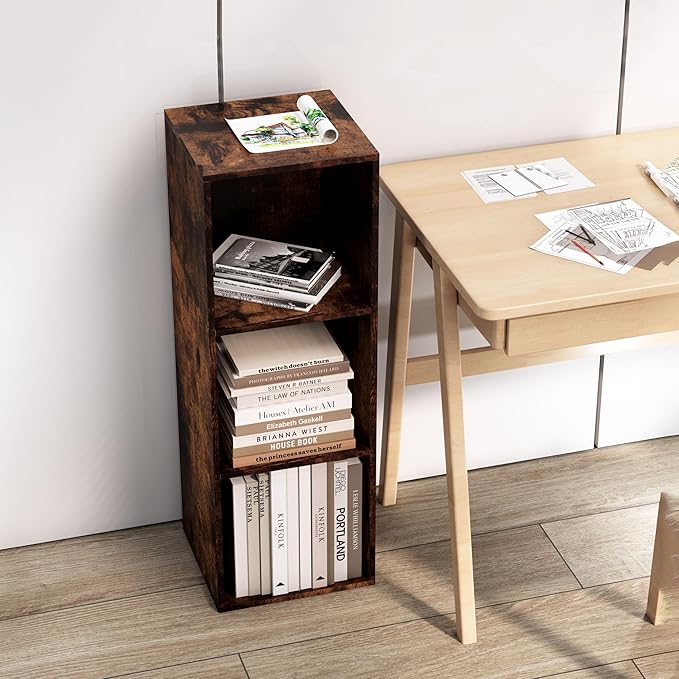 3 Cube Storage Organizer, 3 Tier Cube Low Bookcase Freestanding Storage Display Organizer, Three-Cubes Open Shelf Bookshelf for Home Office (Retro Brown, 3-Cube)