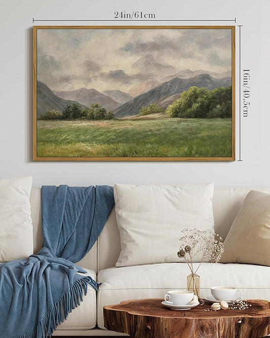 SHENIFY Landscape 16x24in Large Vintage Framed Canvas Wall Art Classical Prairie and Mountain Prints Farmhouse Bathroom Office Decor - Natural Framed
