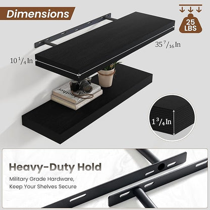 Heimlove 36 Inch Black Floating Shelves for Wall,10 Deep Wood Shelves with Invisible Brackets,Wall Mounted Storage & Display Shelves for Bedroom,Living Room,Kitchen,Office