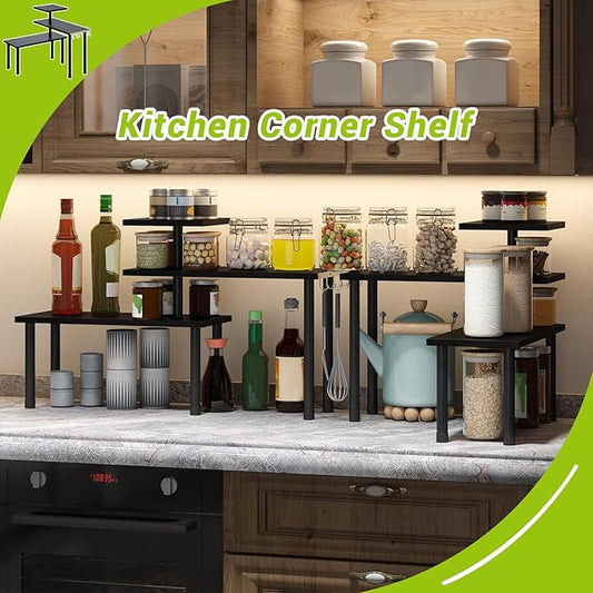 BMOSU Kitchen Corner Shelf Countertop Organizer with Hooks Adjustable Spice Rack Corner Display Rack Shelf Cabinet Counter Shelves(Black)