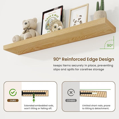 48in Floating Shelves for Wall, 48"W x 9.25"D x 1.25"H, 2 Pack Long Wall Mounted Engineered Wood Shelves with Invisible Brackets for Living Room, Bedroom, Bathroom, Kitchen Decor and Storage, Oak