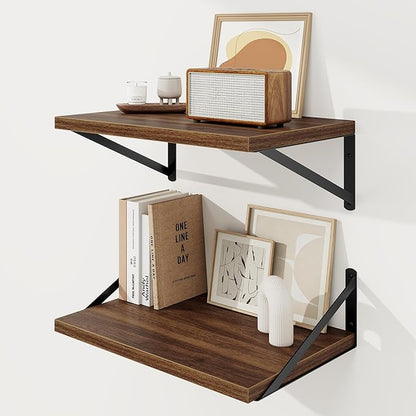 Floating Shelves, 12 Inch Deep Rustic Wood Wall Storage, 16W x 12D Wall Shelves Set of 2, Heavy Duty Metal Brackets, Large Industrial Book Shelf for Living Room, Kitchen, Bedroom, Walnut