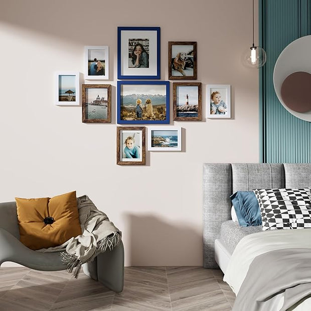 Vittanly Picture Frames Set of 10, Picture Frames Collage Wall Decor with Two 8x10, Four 5x7 and Four 4x6 Photo Frames, Gallery Wall Frame Set for Wall or Tabletop Display, Blue, Brown and White