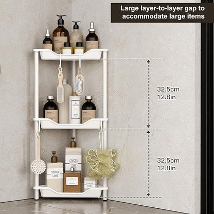 Orimade Rustproof 3 Tier Floor Standing Corner Shower Caddy Organizer, Plastic Metal Splicing Floor Corner Shelf Rack Stands for Bathroom, White