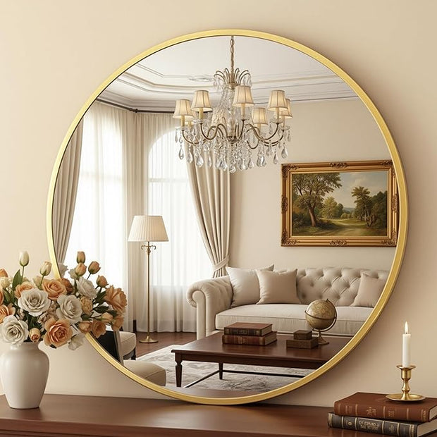Antok 24 Inch Round Mirror for Wall, Round Bathroom Mirror, Circle Wall Mirrors with Gold Metal Frame, Circle Mirrors Suitable for Wall, Bathroom, Vanity, Living Room, Entryway