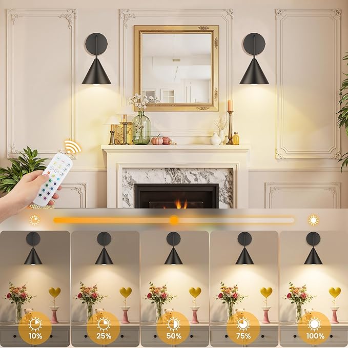 Rechargeable Wall Sconce Set of 2, Black Wireless Battery Operated Wall Lamp with Remote, Dimmable & Timer, Modern Industrial Indoor Light Fixture, Bulb Included