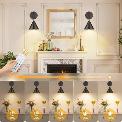 Rechargeable Wall Sconce Set of 2, Black Wireless Battery Operated Wall Lamp with Remote, Dimmable & Timer, Modern Industrial Indoor Light Fixture, Bulb Included