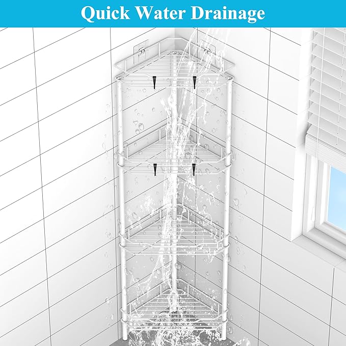 4 Tier Floor Standing Corner Shower Caddy Organizer Shelf with Hooks, Bathroom Shelves Stand Rack, White